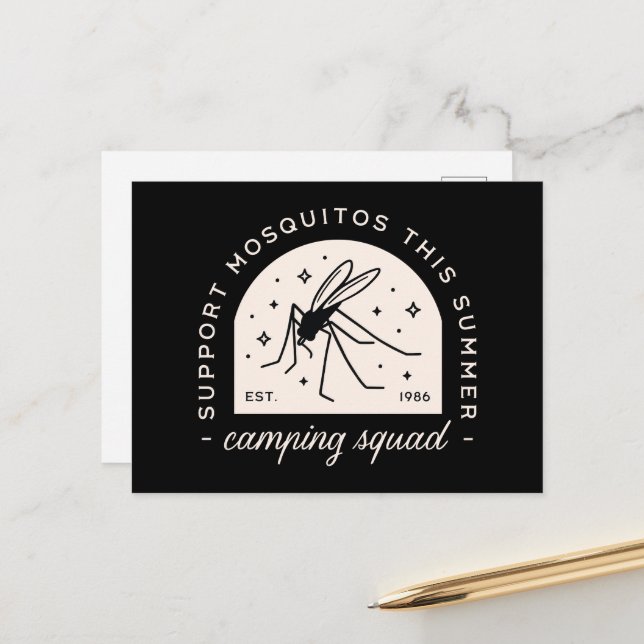 Camping mosquito funny camp squad sarcastic quotes postkarte (Vorderseite/Rückseite Beispiel)