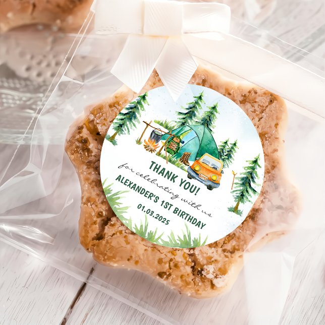 Camping Mountain Rustische Geburtstagsparty Runder Aufkleber (Von Creator hochgeladen)