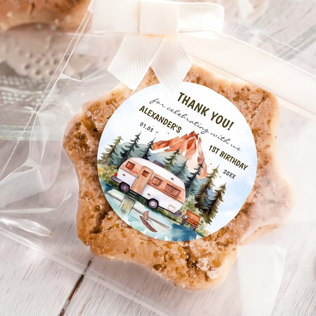 Camping Mountain Rustische Geburtstagsparty Runder Aufkleber (Von Creator hochgeladen)