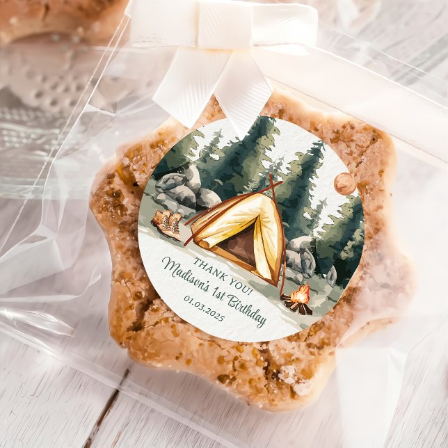 Camping Mountain Rustische Geburtstagsparty Runder Aufkleber (Von Creator hochgeladen)