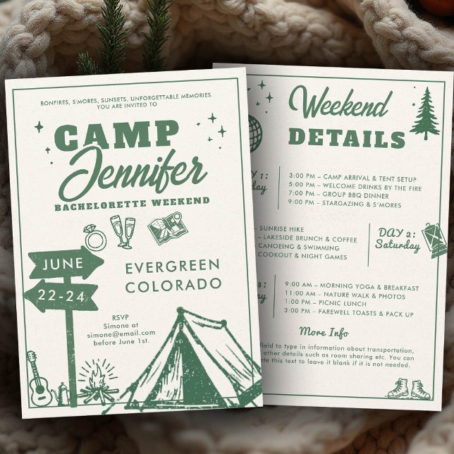 Camping Mountains Green Camp Junggeselinnen-Abschi Einladung (camp bachelorette invitation itinerary camping glamping hiking mountain nature bach modern handdrawn)