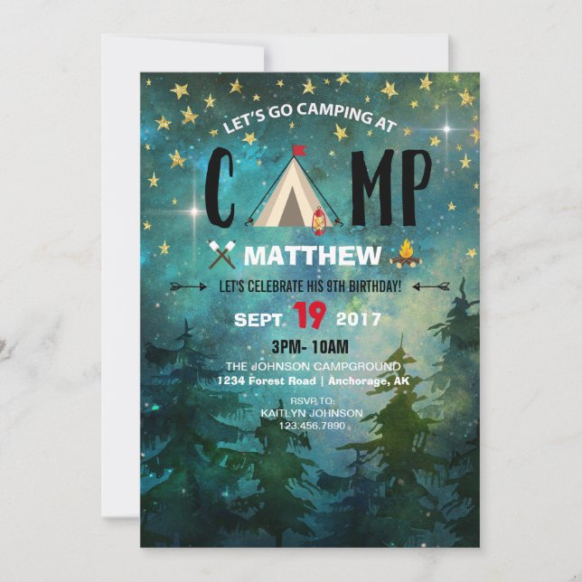 Camping Night Time Forest Wilderness Geburtstag Einladung (Vorderseite)