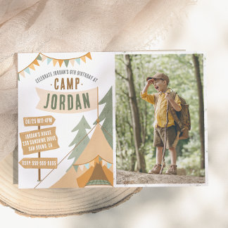 Camping Outdoor Adventure Boy Birthday Party Foto Einladung