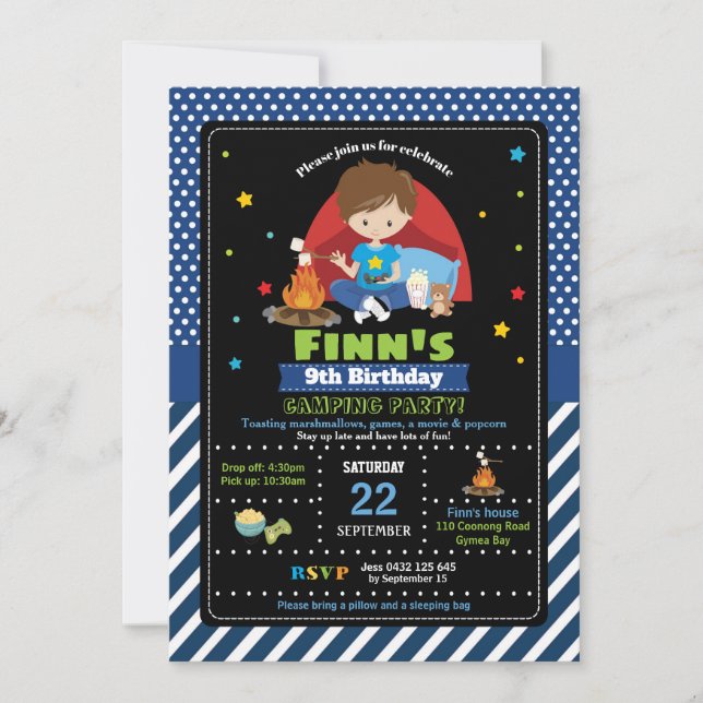 Camping Party Birthday Invitations Boys Slumber Einladung (Vorderseite)