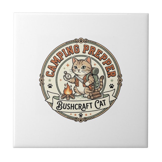Camping Prepper Bushcraft Katze Camping Prepper Bu Fliese (Vorderseite)