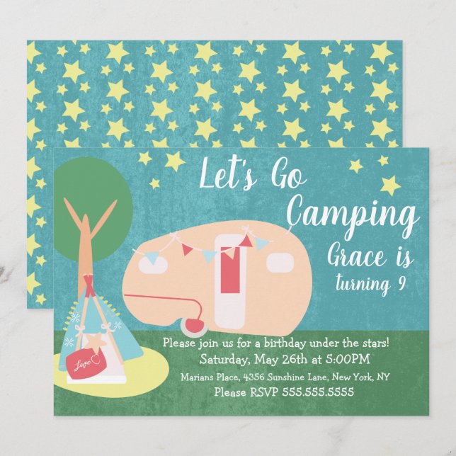 Camping Retro Party Sterne Nacht Einladung (Vorne/Hinten)