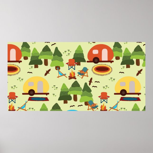 Camping-Szene - Wohnwagen, Camping-Stühle, Feuerpl Poster (Vorne)