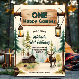 Camping Theme Boy One Happy Camper 1. Geburtstag Einladung