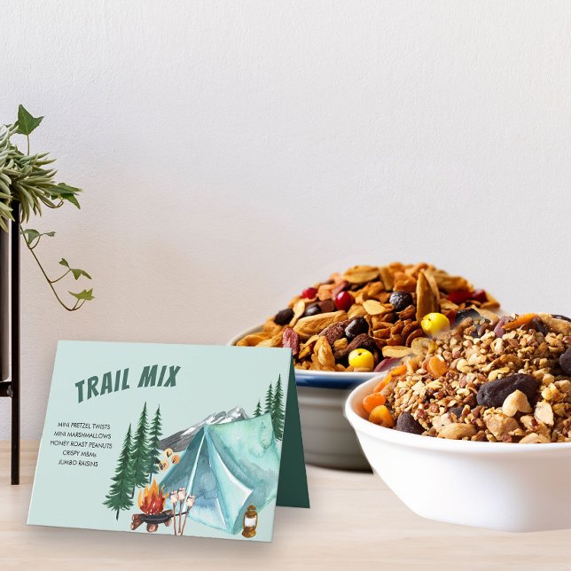 Camping Theme Editierbar Party Food Label Zelt Sig Dankeskarte (Trail Mix bar table tent sign with editable ingredients)