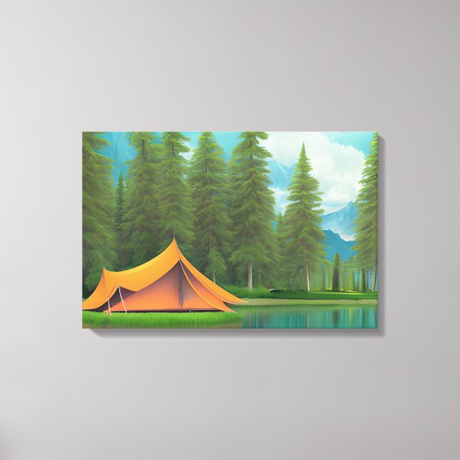 Camping Themed Art | Zelt am See im Wald Leinwanddruck (Vorderseite)