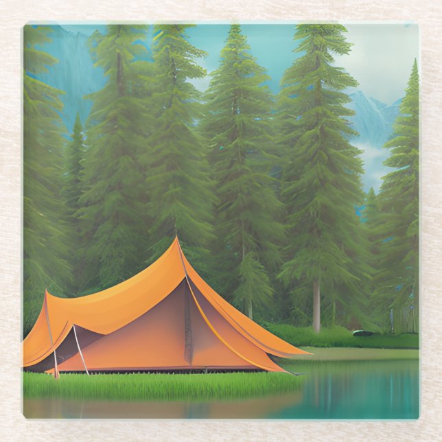 Camping Themed Art | Zelt im Wald am See Glasuntersetzer (Vorderseite)