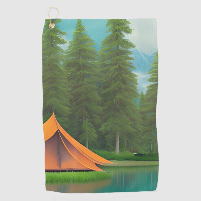 Camping Themed Art | Zelt im Wald am See Golfhandtuch (Vorderseite)