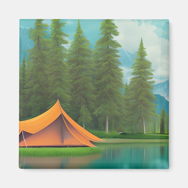 Camping Themed Art | Zelt im Wald am See Magnet (Vorne)