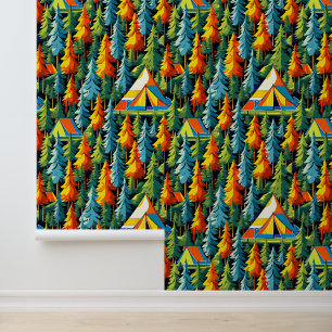 Camping Themed Tents and Pine Trees Tapete