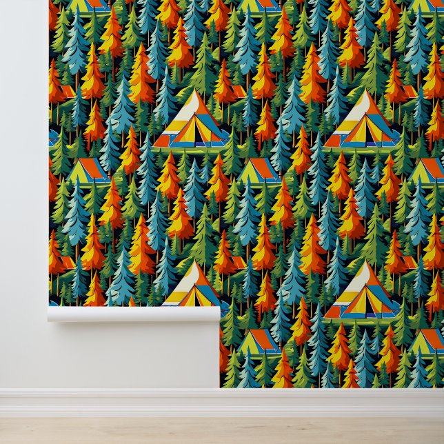 Camping Themed Tents and Pine Trees Tapete (Anwendung)
