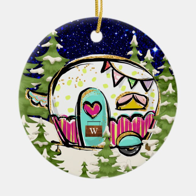 Camping-Trailer mit Türsignierung Keramik Ornament (Vorne)