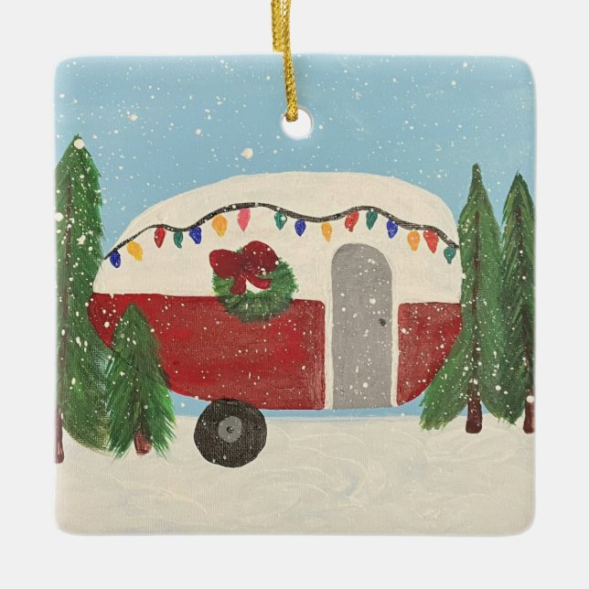 Camping Trailer zu Weihnachten Keramikornament (Vorderseite)