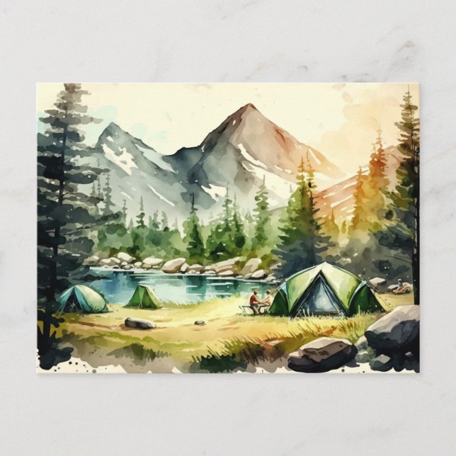 Camping Wasserfarbe Landschaft Postkarte (Vorderseite)