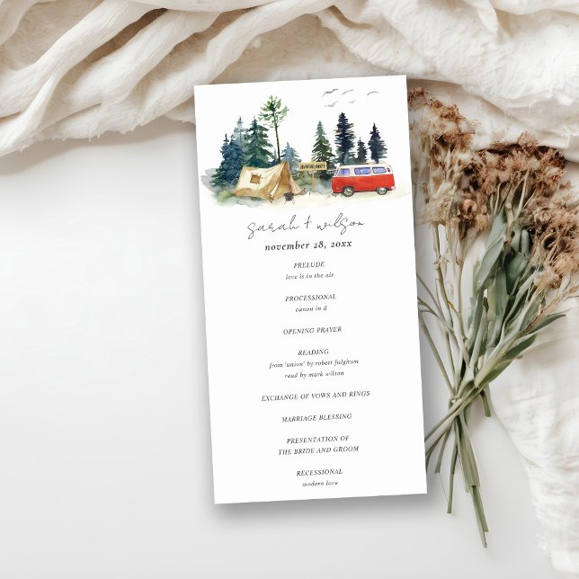 Camping Watercolor Pine Forest Wedding Programm (Von Creator hochgeladen)
