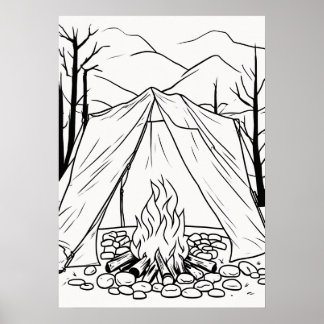 Camping-Zelt-Lagerfeuer-Linienkunst-T-Shirt Outdoo Poster