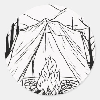 Camping-Zelt-Lagerfeuer-Linienkunst-T-Shirt Outdoo Runder Aufkleber