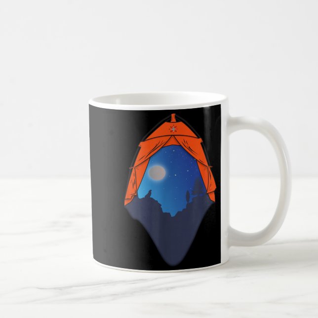 Camping-Zelt-Nachtszene _ Wolf heult bei Kaffeetasse (Rechts)