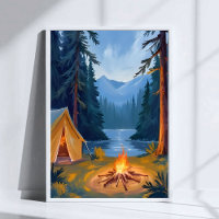 Campingausflug Wald Lagerfeuer Zelt Aquarell