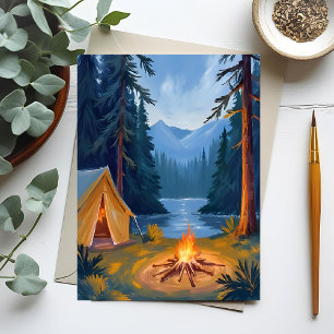 Campingausflug Wald Lagerfeuer Zelt Aquarell Postkarte