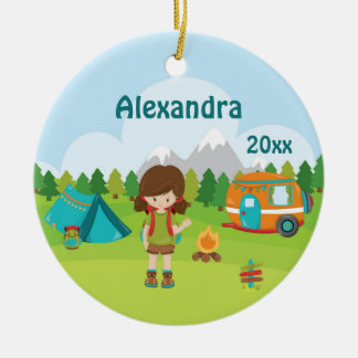 Campings-Mädchen-Feuer-Camper-Zelt-Rucksack Brown Keramik Ornament