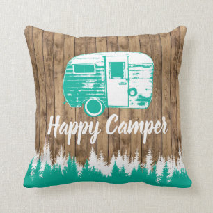 Campings-Spaß-glücklicher Lagerbewohner-rustikaler Kissen