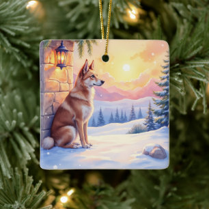 Canaan Dog Wüstenstein Winter Weihnachtskunst Keramikornament