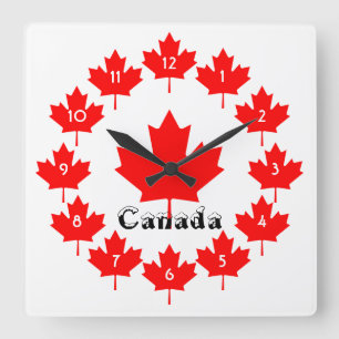 Canada Red Maple Leaf Pattern w Snow Fun Canadian Quadratische Wanduhr