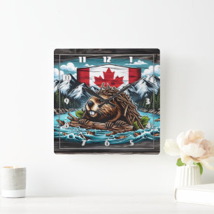 Canadian Beaver Gebäude Dam in Rocky Landschaft Quadratische Wanduhr