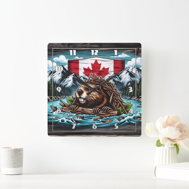 Canadian Beaver Gebäude Dam in Rocky Landschaft Quadratische Wanduhr (Zuhause)