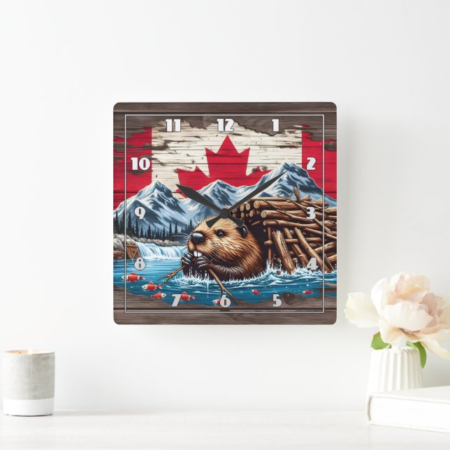 Canadian Beaver Gebäude Lounge am Wasser Quadratische Wanduhr (Zuhause)