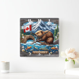 Canadian Beaver Gebäude Staudamm in der Nähe des G Quadratische Wanduhr