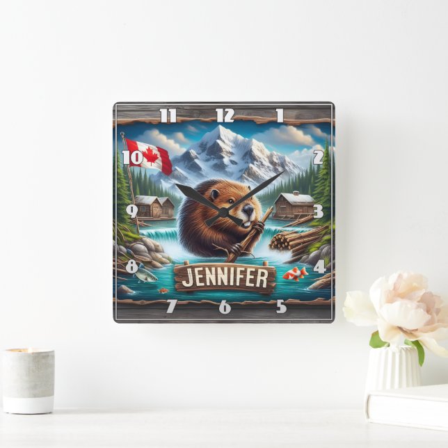 Canadian Beaver Holding Branch in der Nähe des Mou Quadratische Wanduhr (Zuhause)