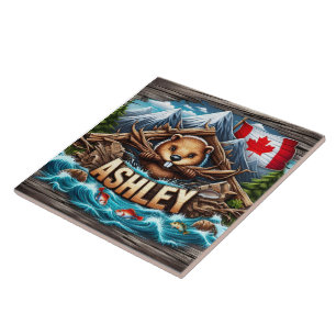 Canadian Beaver Holding Branches by Riverbank Fliese