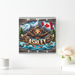 Canadian Beaver Holding Branches by Riverbank Quadratische Wanduhr