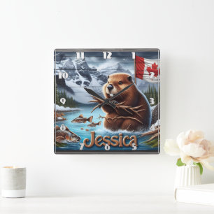 Canadian Beaver Holding Sticks am See Quadratische Wanduhr