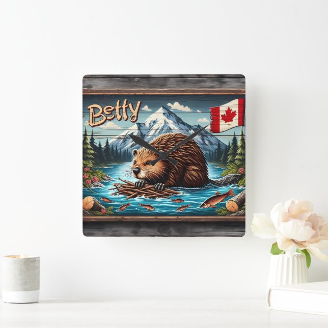 Canadian Beaver Nesting by Mountain River Quadratische Wanduhr (Zuhause)