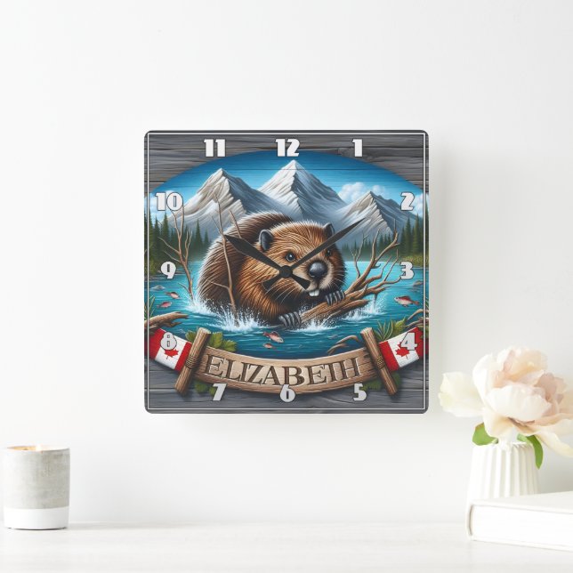 Canadian Beaver Schwimmen im Bergsee Quadratische Wanduhr (Zuhause)