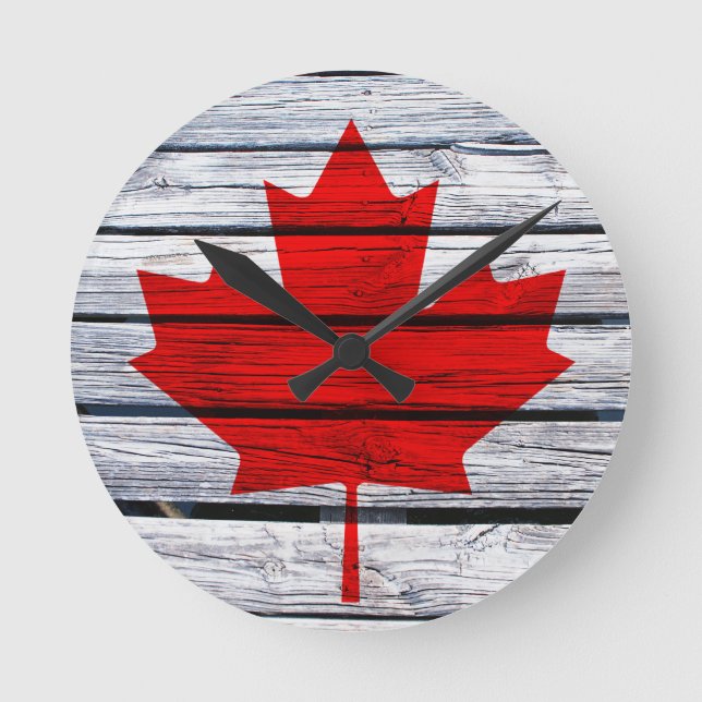Canadian Flag Rustic Wood Runde Wanduhr (Vorderseite)