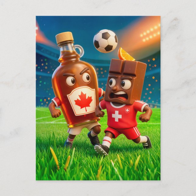 Canadian maple syrup versus Swiss chocolate soccer Postkarte (Vorderseite)