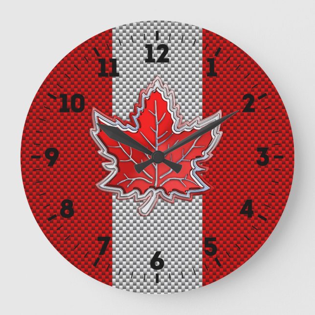 Canadian Red Maple Leaf in Carbon Fibre sieht auf  Große Wanduhr (Vorderseite)
