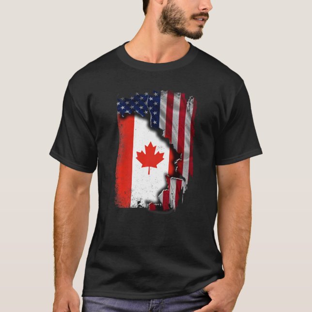 Canadian ROOTS Half American Flag Patrioitat Kanad T-Shirt (Vorderseite)