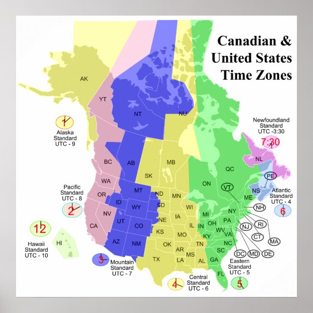 Canadian & United Staaten Political Time Zone Map Poster (Vorne)