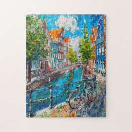Canal with Bicycles and Colorful Houses Painting Puzzle