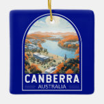 Canberra Australia Reisen Art Vintag Keramikornament<br><div class="desc">Canberra Retrovektor-Design im Stil eines Emblems. Canberra ist die australische Hauptstadt,  landeinwärts von der Südostküste des Landes. Umgeben von Wald,  Ackerland und Naturschutzgebieten,  verdient es seinen Spitznamen "Bush-Hauptstadt".</div>