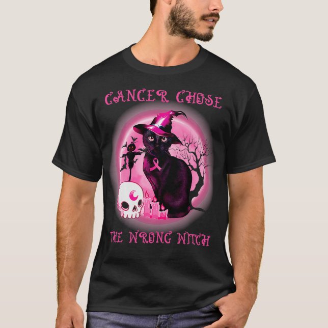Cancer Chose Wrong Witch Black Cat Breast Cancer H T-Shirt (Vorderseite)